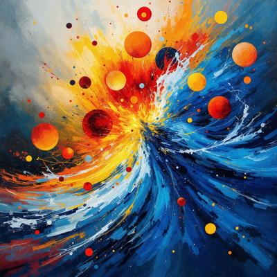 The primary subject of the image is a painting featuring a blue and orange color scheme. The setting is a blue and orange background, which adds to the vibrant atmosphere of the painting. The visual style is a mix of digital art and illustration, creating a unique and eye-catching piece of art. The dominant colors in the painting are blue and orange, which evoke a sense of energy and excitement.